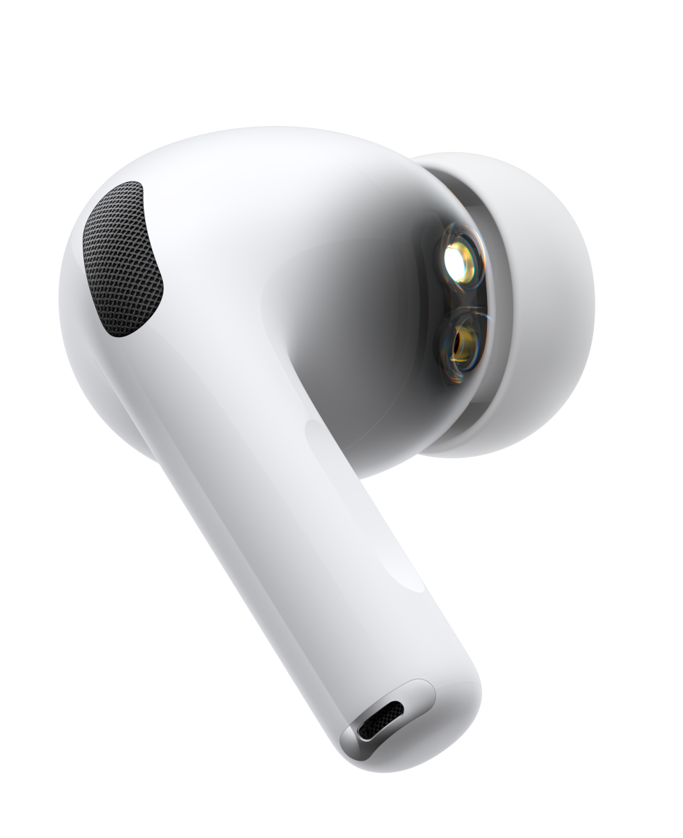 AirPods Pro 3, auricolare wireless, colore bianco, mostrato di lato, stelo tubolare corto, onda sonora pulsante