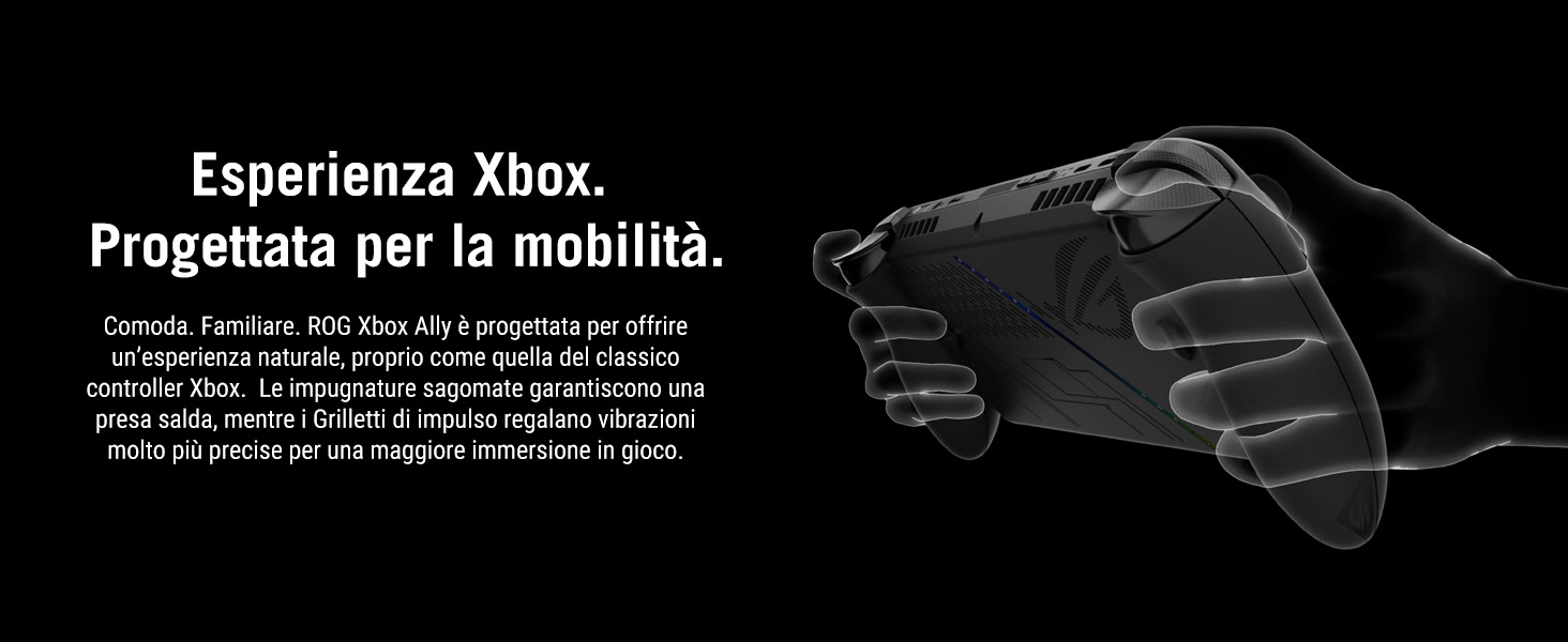 Il testo recita: &laquo;Experiencia Xbox. Preparata per la mobilit&agrave;. Illustrazione a linee in bianco e nero di mani che tengono un controller di gioco.
