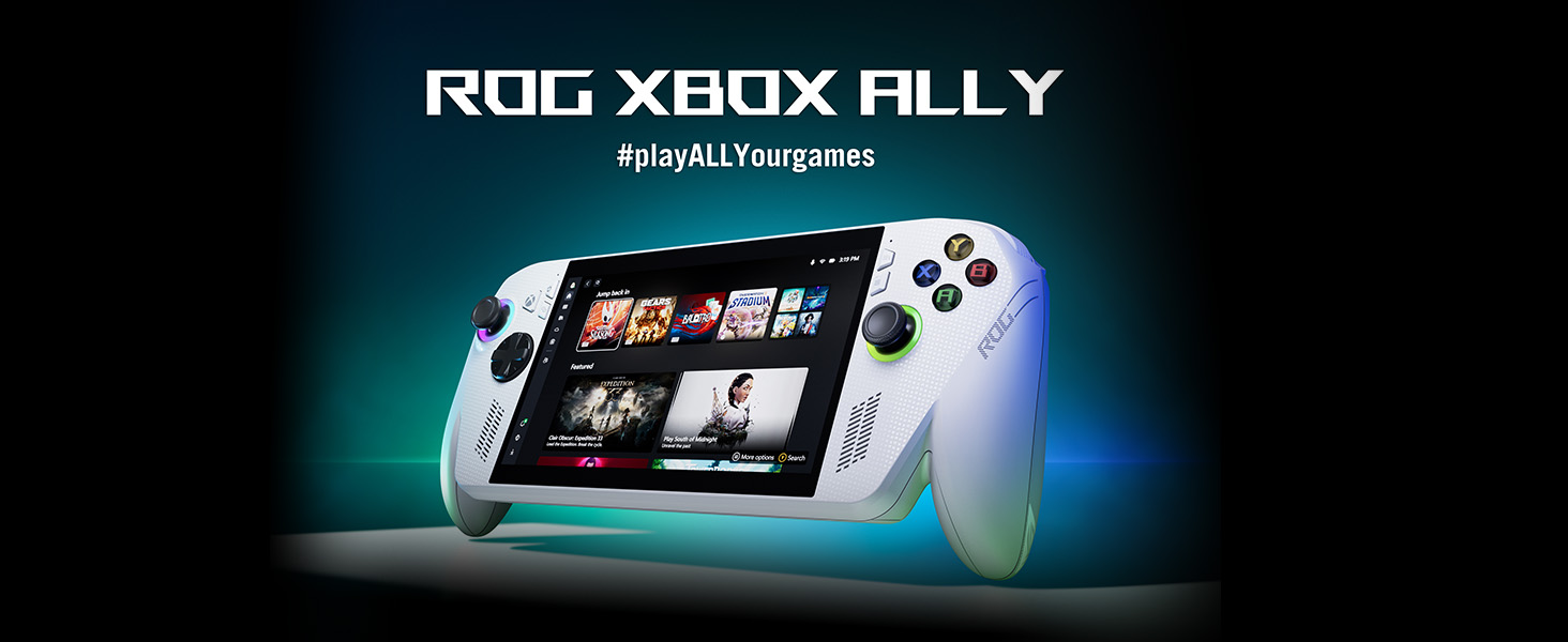 Il testo dice &laquo;ROG XBOX ALLY #royallyprogress&raquo;. Dispositivo portatile da gioco mostrato su uno sfondo sfumato blu-verde scuro, caratterizzato da un controller bianco con display a schermo.