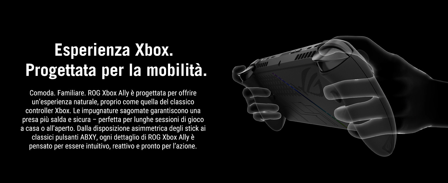 Il testo recita &laquo;Experiencia Xbox&raquo; e &laquo;Progettata per la mobilit&agrave;&raquo;. Immagine di marketing che mostra i contorni del controller di gioco su sfondo scuro con testo sovrapposto.