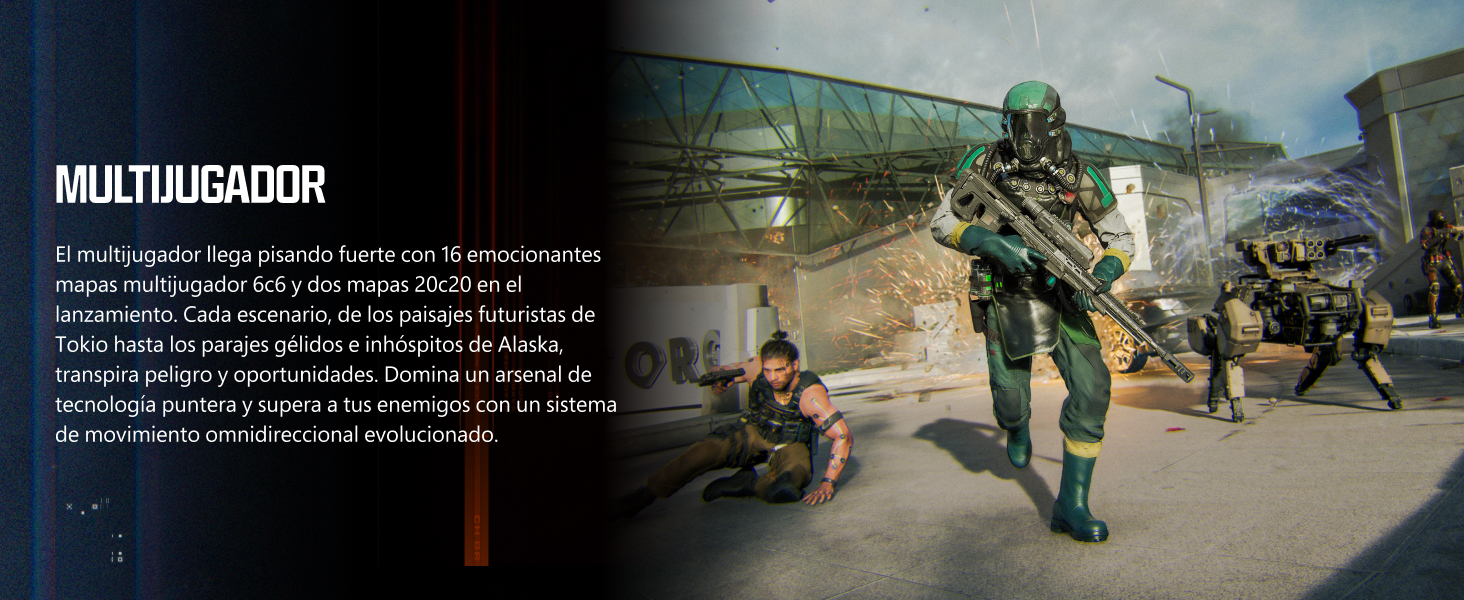 El texto dice «MULTIJUGADOR». Serie de escenas de acción al aire libre que muestran a varios jugadores en escenarios de juego con entornos desérticos y tácticos.