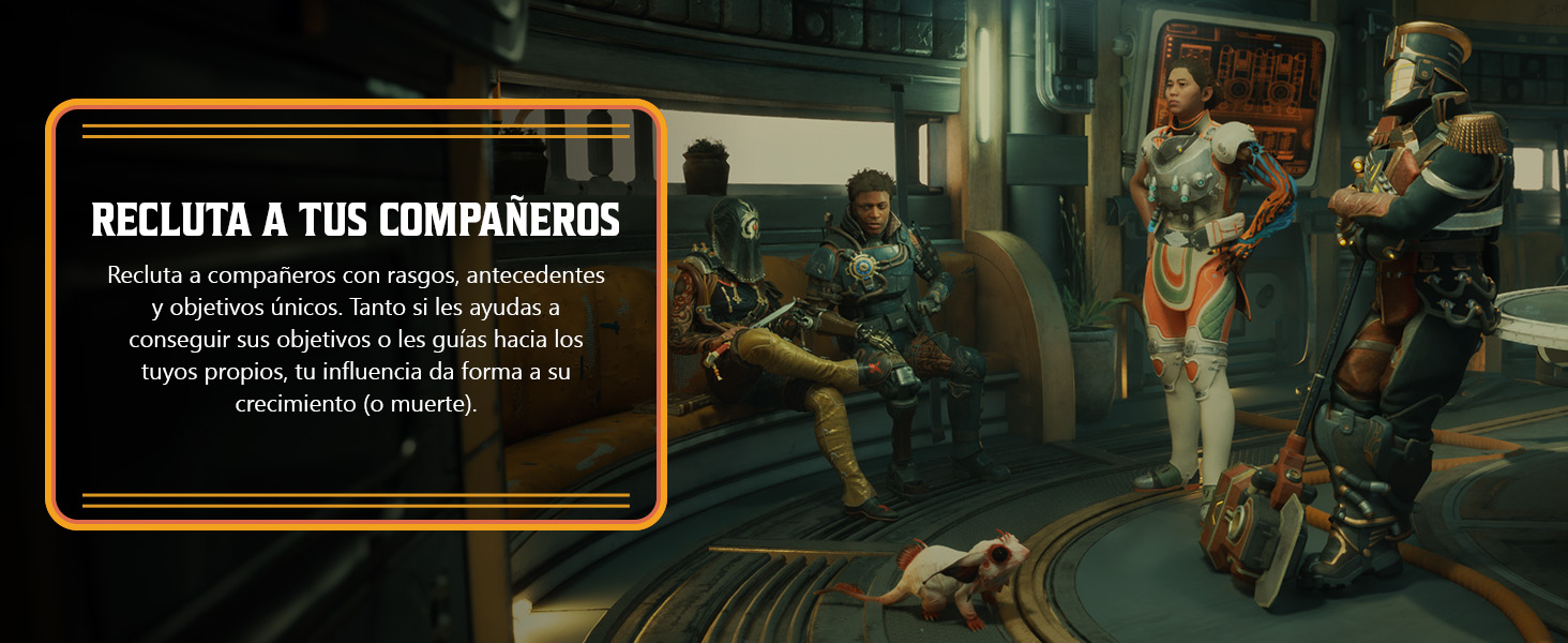 Captura de pantalla de una escena de videojuego o película que muestra texto superpuesto en un marco naranja sobre un fondo oscuro.
