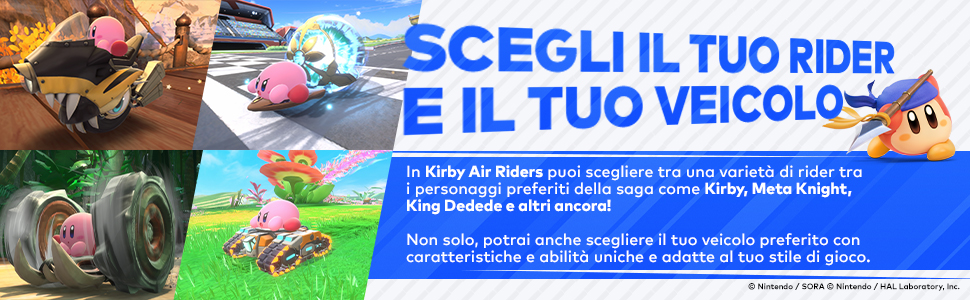 Il testo recita &laquo;SCEGLI IL TUO RIDER E IL TUO VEICOLO&raquo;. Banner promozionale blu con elementi dell'interfaccia di gioco o dell'app.
