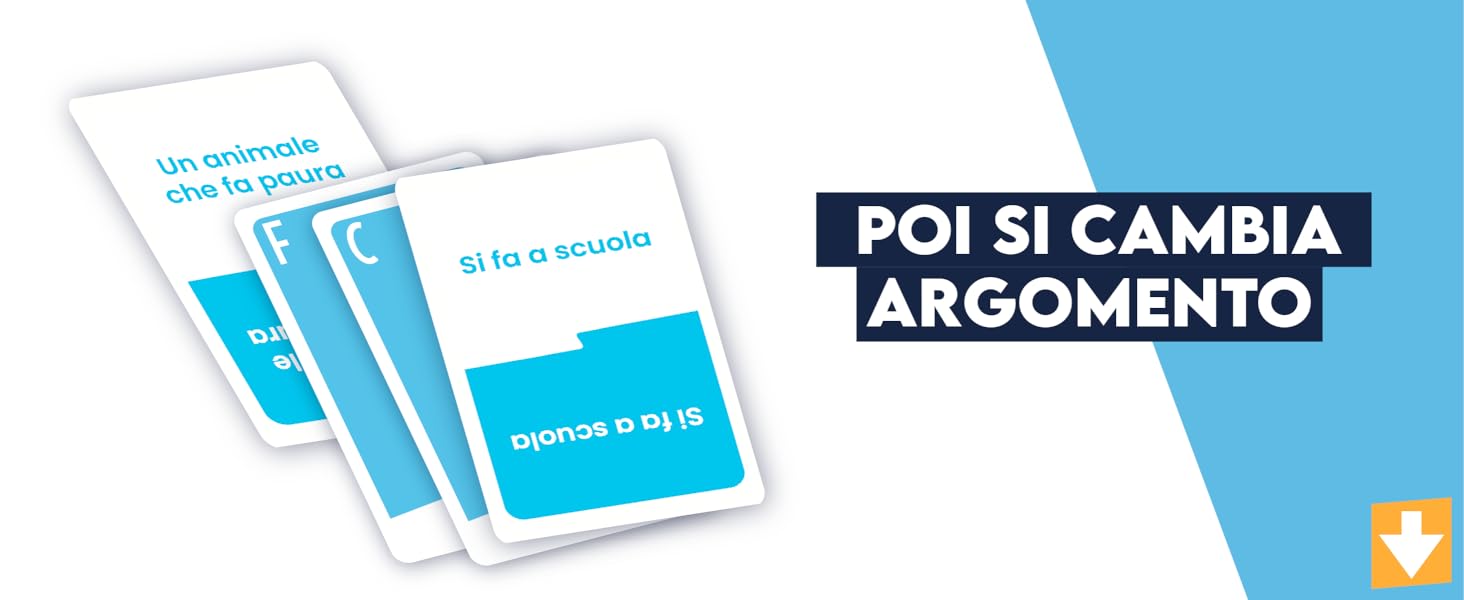 Il testo recita &laquo;POI SI CAMBIA&raquo; e &laquo;ARGOMENTO&raquo; su grafica blu e bianca o diapositive di presentazione.