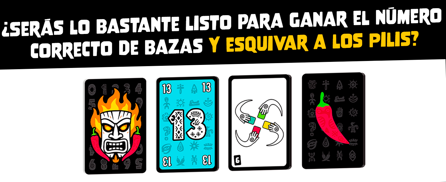 con cuatro cartas con dise&ntilde;os de m&aacute;scara, n&uacute;mero 13, comod&iacute;n y aj&iacute; sobre un fondo oscuro con texto en espa&ntilde;ol