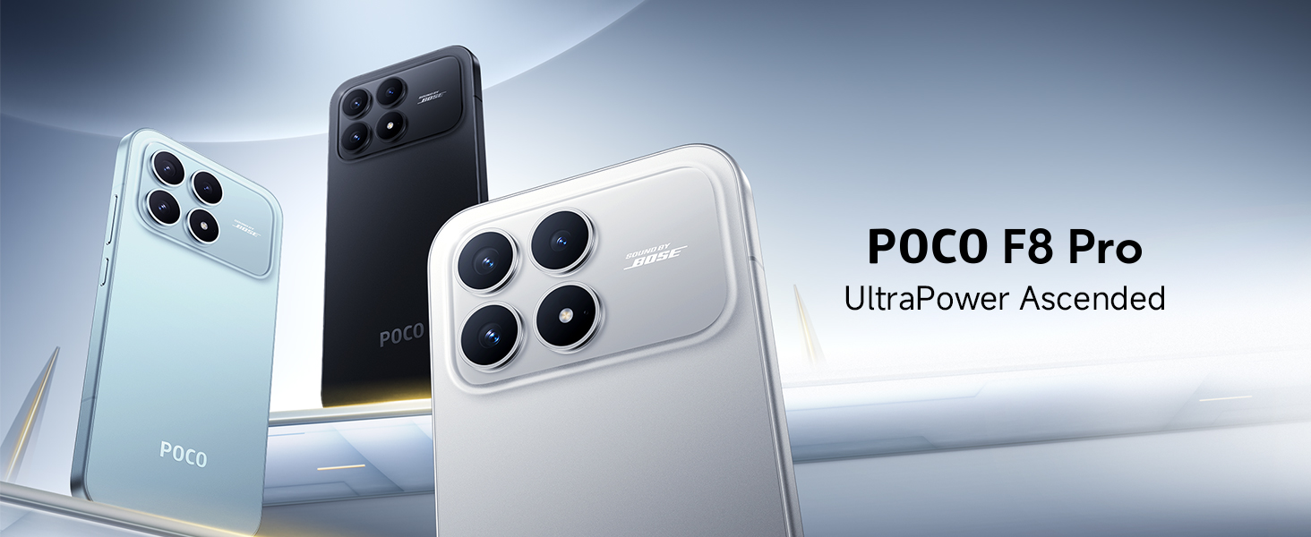 Il testo dice &laquo;POCO F8 Pro&raquo;. Visualizzazioni multiple di un elegante smartphone con finitura argento/bianca, dotato di sistema a tripla fotocamera e design minimalista.