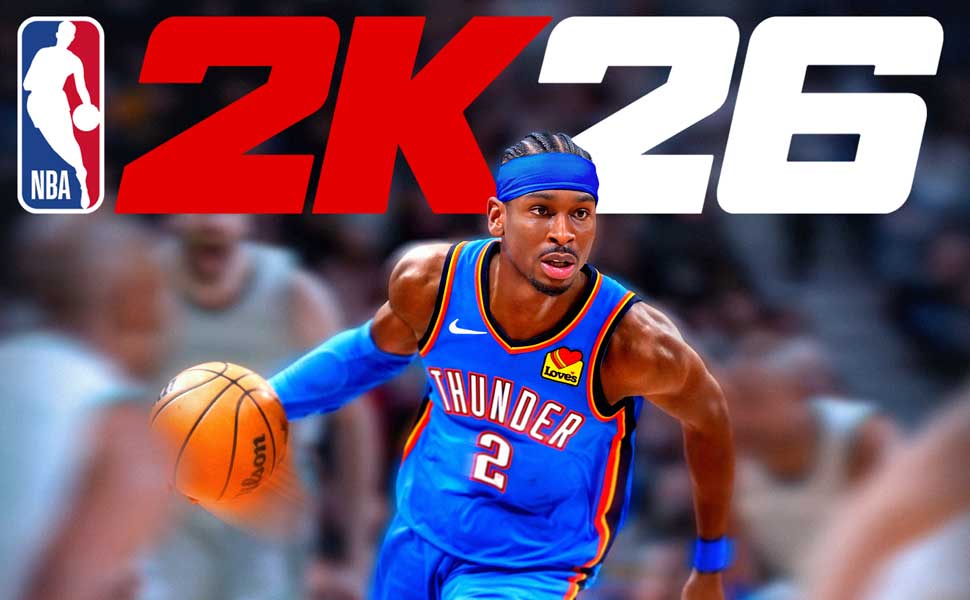 Il testo dice 'NBA 2K26'. Copertina del videogioco di basket con giocatore in uniforme blu e arancione che dribbla pallacanestro.