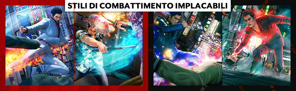 Il testo recita 'STILI DI COMBATTIMENTO IMPLACABILI'. Serie di colorate immagini promozionali o di gioco orientate all'azione con effetti visivi dinamici.