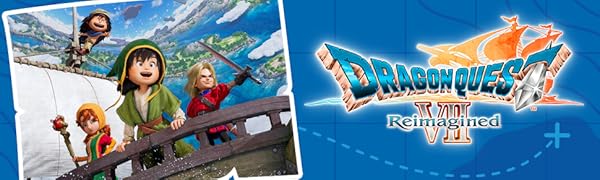 Il testo dice &laquo;DRAGON QUEST'&raquo;. Diverse schermate promozionali che mostrano colorate scene di gioco 3D tratte dal videogioco Dragon Quest, con personaggi in ambienti fantastici.
