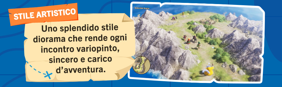 Il testo recita &laquo;STILE ARTISTICO&raquo; e &laquo;Uno splendido stile diorama che rende ogni incontro variopinto, sincero e carico&raquo;. Illustrazioni paesaggistiche in stile acquerello.