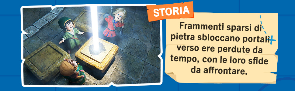 Il testo recita &laquo;STORIA&raquo; con testo in italiano su frammenti di pietra e portali. L'immagine mostra elementi architettonici in pietra.