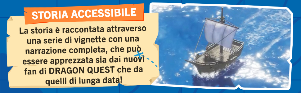 Il testo recita 'STORIA ACCESSIBILE' e 'La storia &egrave; raccontata attraverso una serie di vignette con una narrazione complessa che pu&ograve; essere apprezzata sia dai nuovi... ' Testo in italiano con striscione blu.