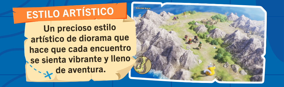 El texto dice: &laquo;ESTILO ART&Iacute;STICO Un preciso estilo art&iacute;stico de durante sus hace que cada encuentro sea toda una experiencia de aventura&raquo;. Banner azul con ilustraci&oacute;n de paisaje monta&ntilde;oso.