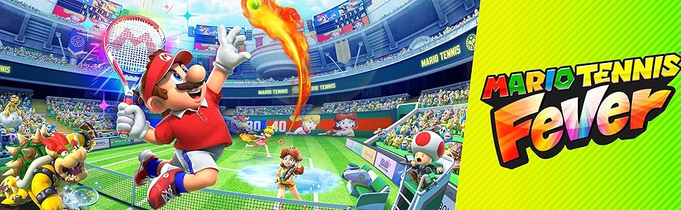 Il testo recita &laquo;MARIO TENNIS Fever&raquo;. Scena di un videogioco che mostra Mario e altri personaggi che giocano a tennis in un grande stadio con effetti visivi e animazioni colorati.