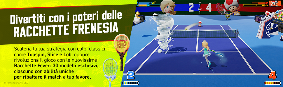 Il testo recita &laquo;Divertiti con i poteri delle RACCHETTE FRENESIA&raquo;. Interfaccia di gioco che mostra la schermata di selezione dei personaggi con visualizzazione del punteggio 2:4.