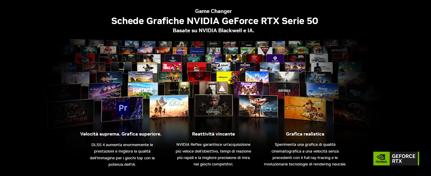 Il testo dice 'Schede Grafiche NVIDIA GeForce RTX Serie 50'. Identico collage pubblicitario di schermate di giochi con layout a griglia con il marchio NVIDIA come immagine 6.