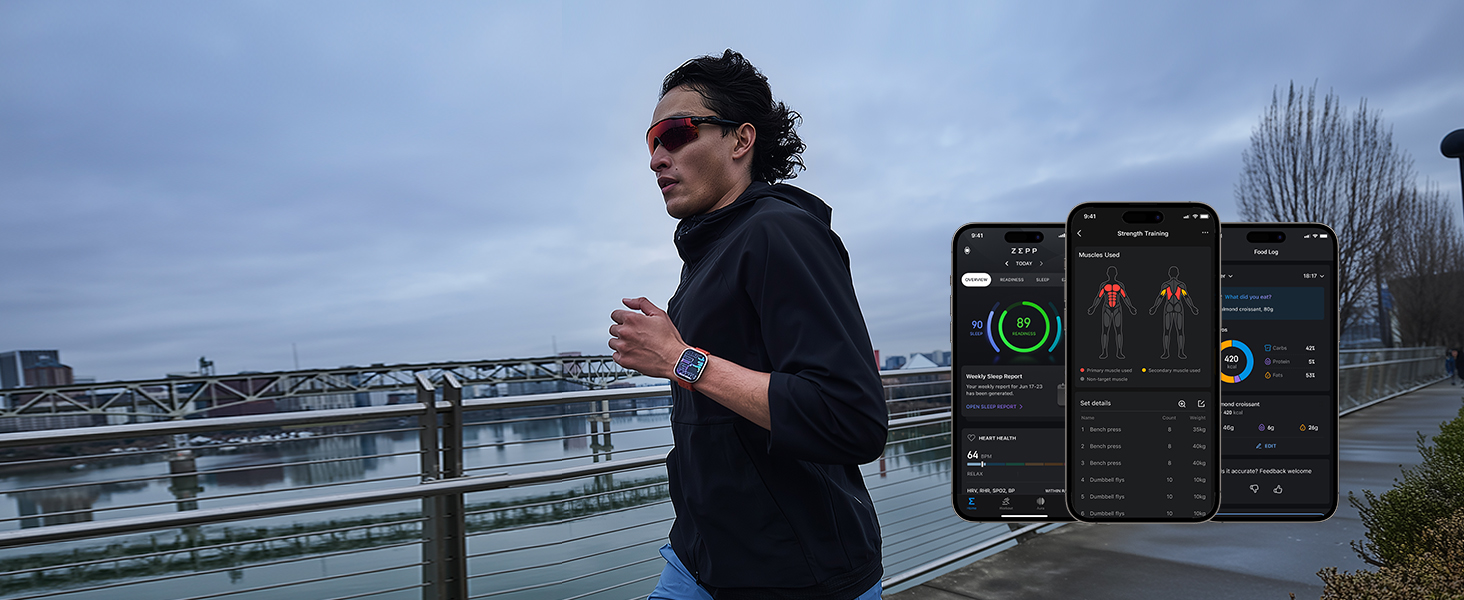 Serie di immagini che mostrano l'interfaccia dell'app per smartphone con schermi in modalit&agrave; oscura e impostazione invernale all'aperto. Pannelli dell'interfaccia utente multipli che mostrano varie metriche di dati.