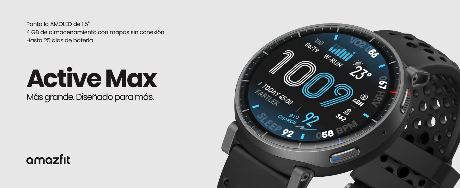 El texto dice &laquo;Active Max&raquo;. Reloj inteligente digital con esfera redonda oscura que muestra la hora con iluminaci&oacute;n azul. M&uacute;ltiples &aacute;ngulos que muestran un dise&ntilde;o moderno y elegante con una banda oscura.