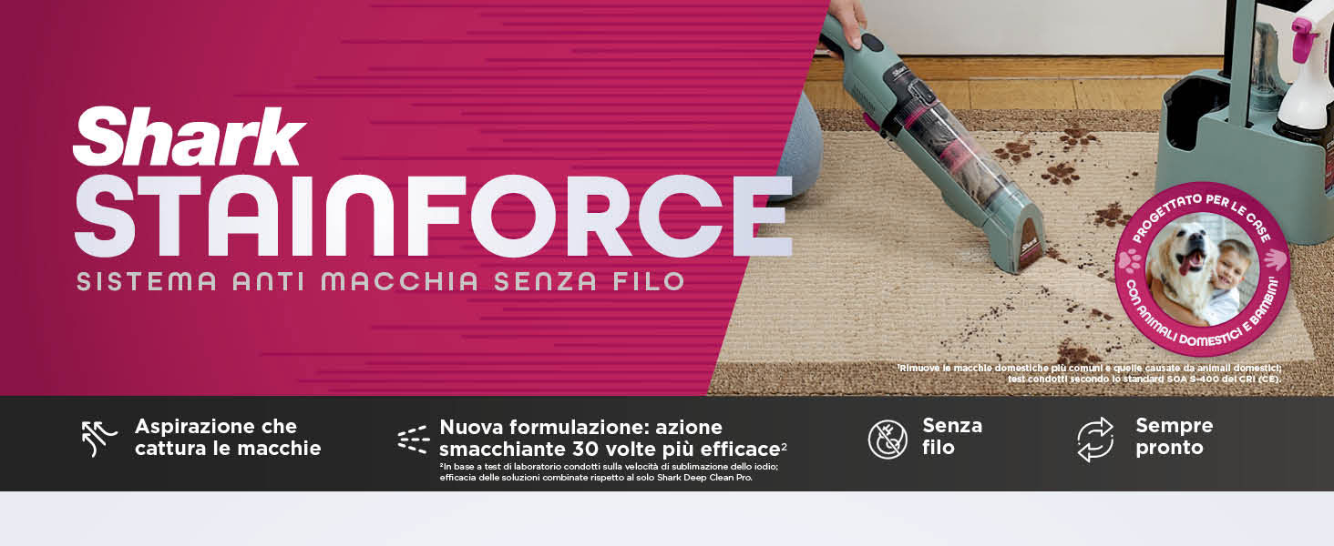 Il testo dice &laquo;Shark STAINFORCE&raquo;. Confezione o banner del prodotto con testo con sfondo scuro e grafica tecnica.