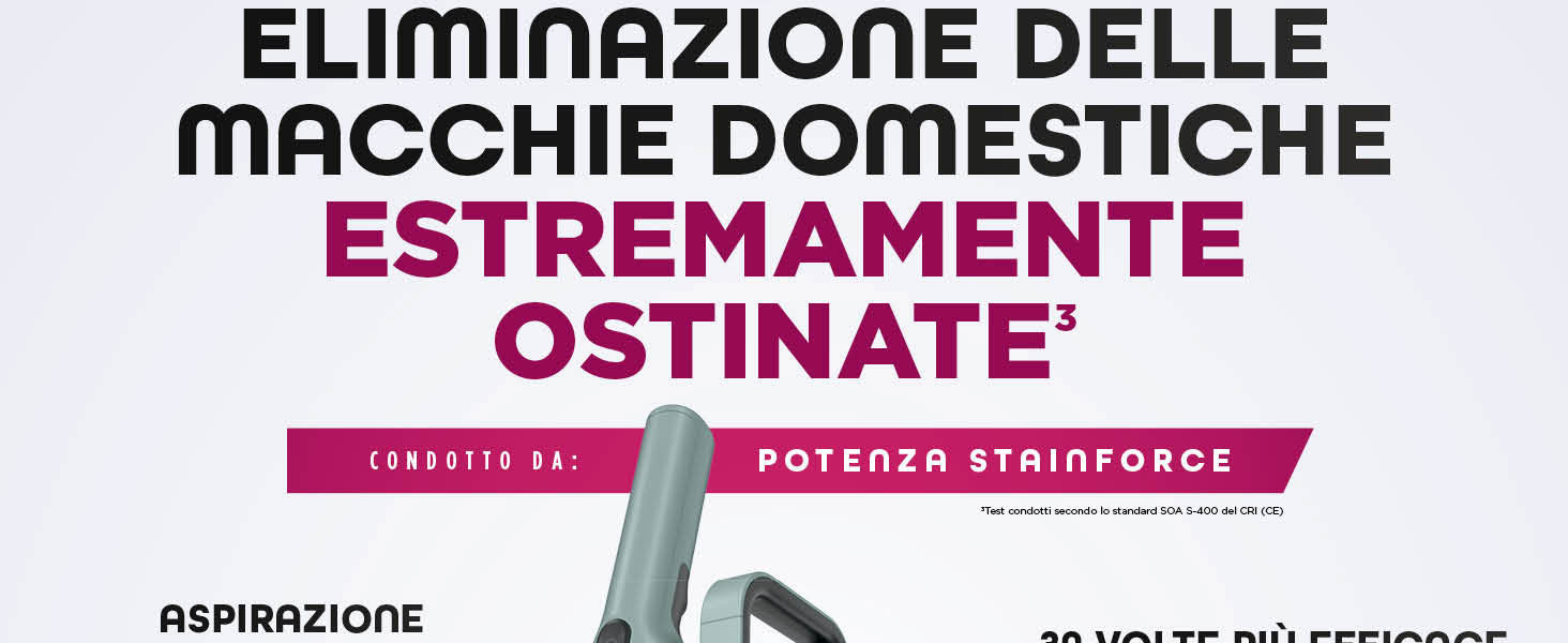 Il testo recita: 'ELIMINAZIONE DELLE MACCHIE DOMESTICHE ESTREMAMENTE OSTINATE'. L'illustrazione del prodotto mostra un materiale di pulizia o assorbimento bianco strutturato.