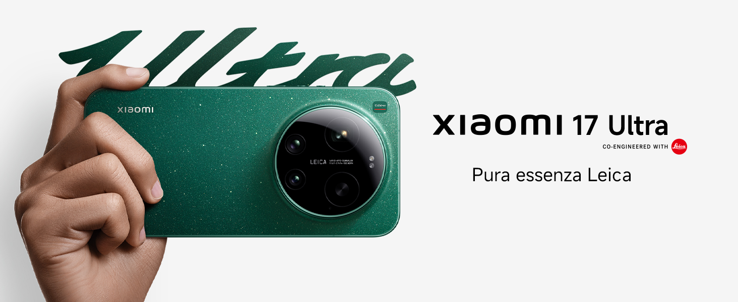 Il testo recita &laquo;XIAOMI 17 Ultra&raquo; e &laquo;Pura esencia LEICA&raquo;. Vista parziale del prodotto su sfondo verde che suggerisce la presentazione del dispositivo elettronico.