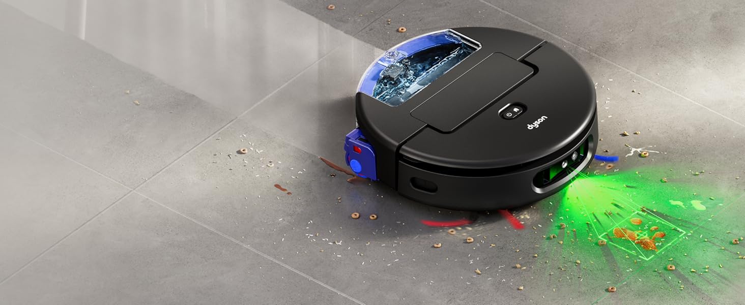 Aspirapolvere robotico mostrato in azione sulla superficie del pavimento, con illuminazione LED blu visibile ed effetti di illuminazione verde in diverse inquadrature.