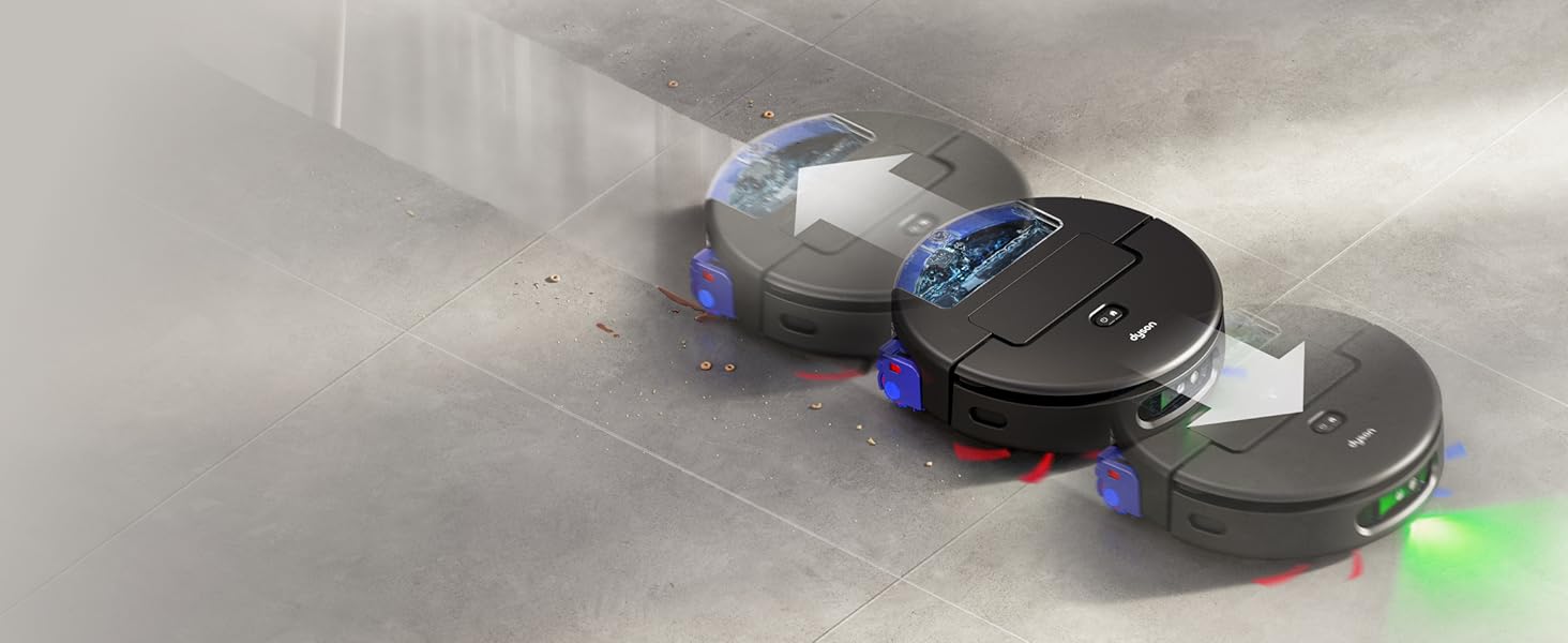 Vista ravvicinata di quello che sembra essere un dispositivo robotico o elettronico con indicatori LED colorati che si muovono su una superficie.