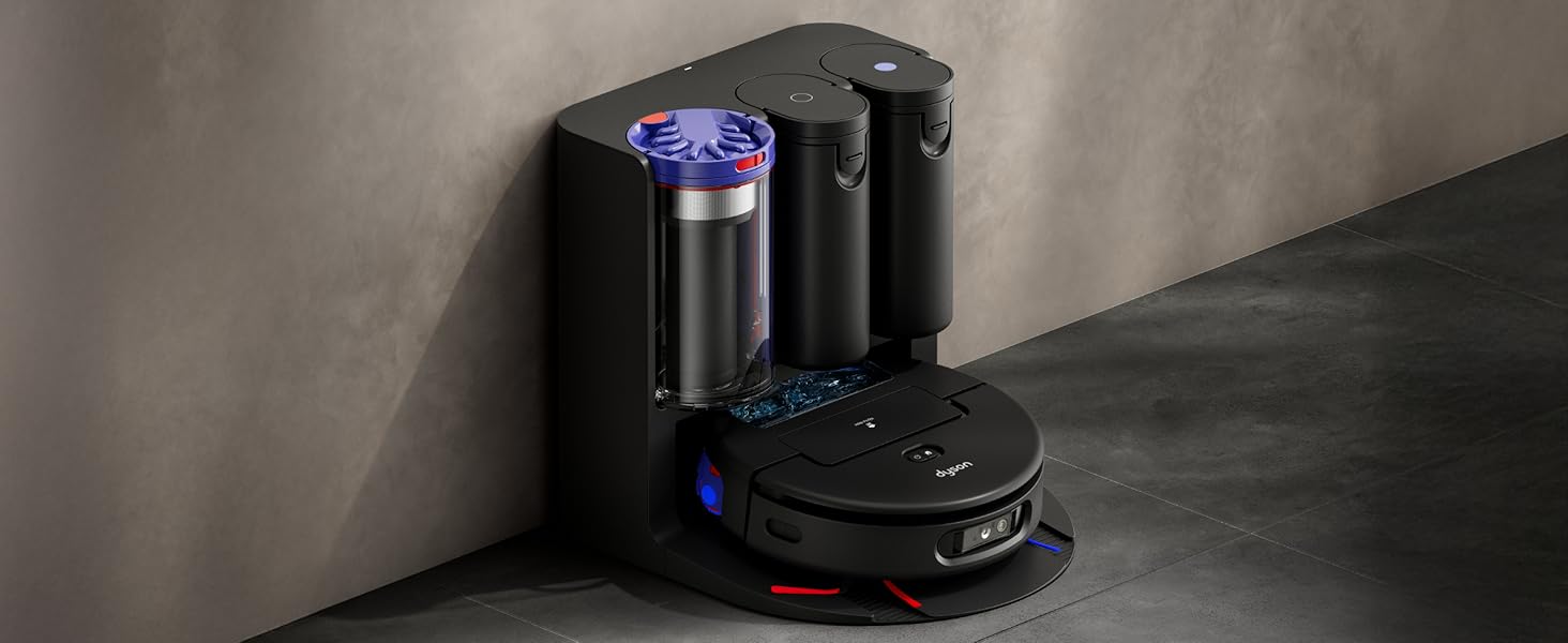 Aspirapolvere robotico con base di ricarica posizionata su una parete scura, con accenti luminosi a LED blu.