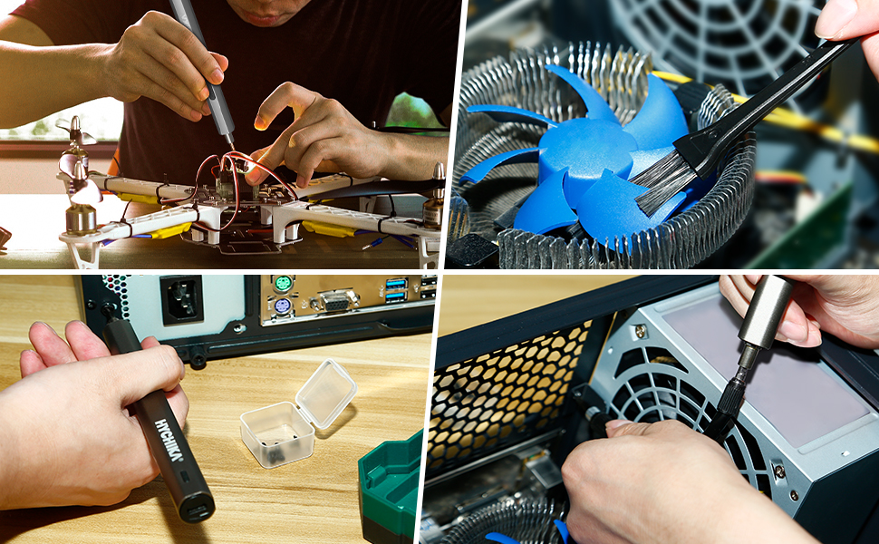 Composizione di scene di riparazione del computer: saldatura dei componenti, pulizia della ventola della CPU, utilizzo della torcia elettrica per ispezionare e lavoro sull'alimentatore