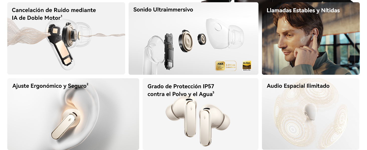 Serie de im&aacute;genes de productos de auriculares inal&aacute;mbricos que muestran diferentes &aacute;ngulos y escenarios de uso, con paneles de texto en los que se analizan las caracter&iacute;sticas y los beneficios.
