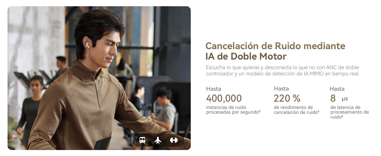 El texto dice &laquo;Imagen 4&raquo; y &laquo;Cancelaci&oacute;n de ruido mediante IA de Doble Motor&raquo;. Pantalla estad&iacute;stica que muestra las m&eacute;tricas del &laquo;400.000&raquo; y el &laquo;220%&raquo;.