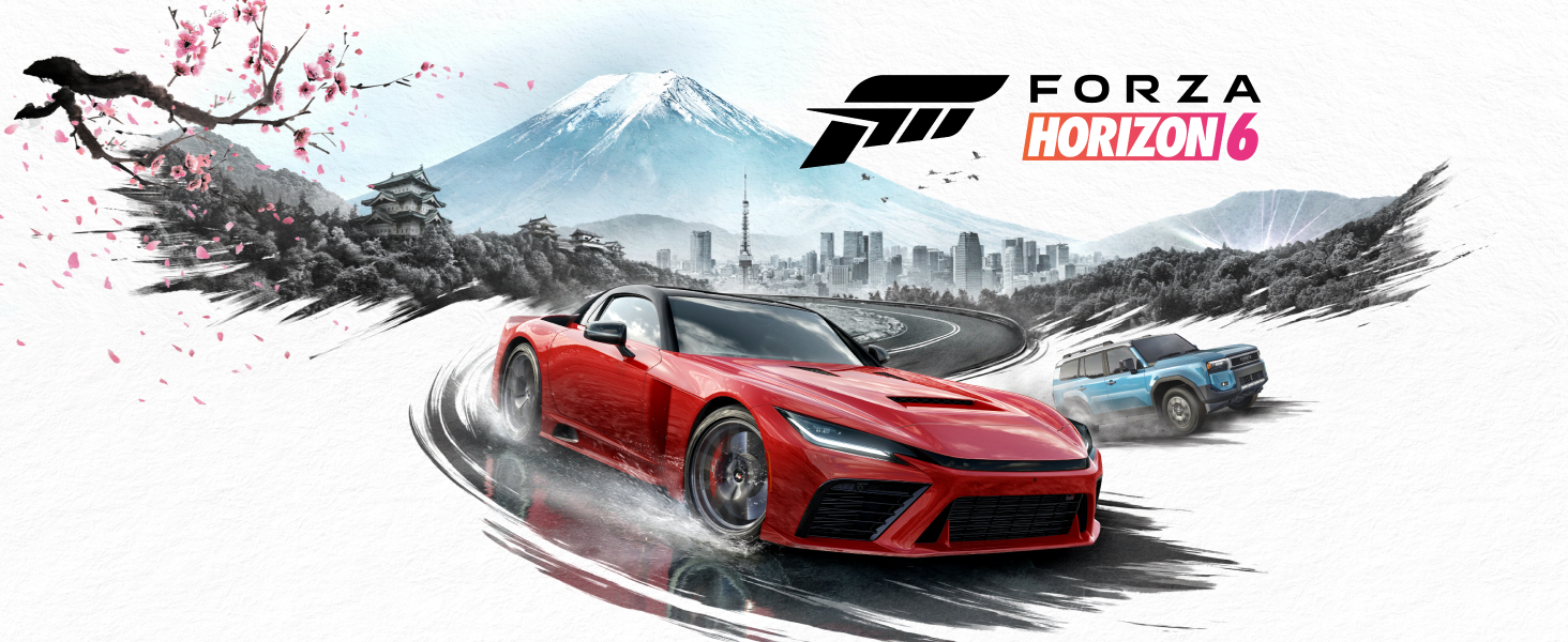 Il testo dice &laquo;FORZA&raquo;. Grafica da gioco che mostra un'auto sportiva rossa con altri veicoli, sullo sfondo di una montagna innevata con sovrapposizione di rami di ciliegio in fiore.