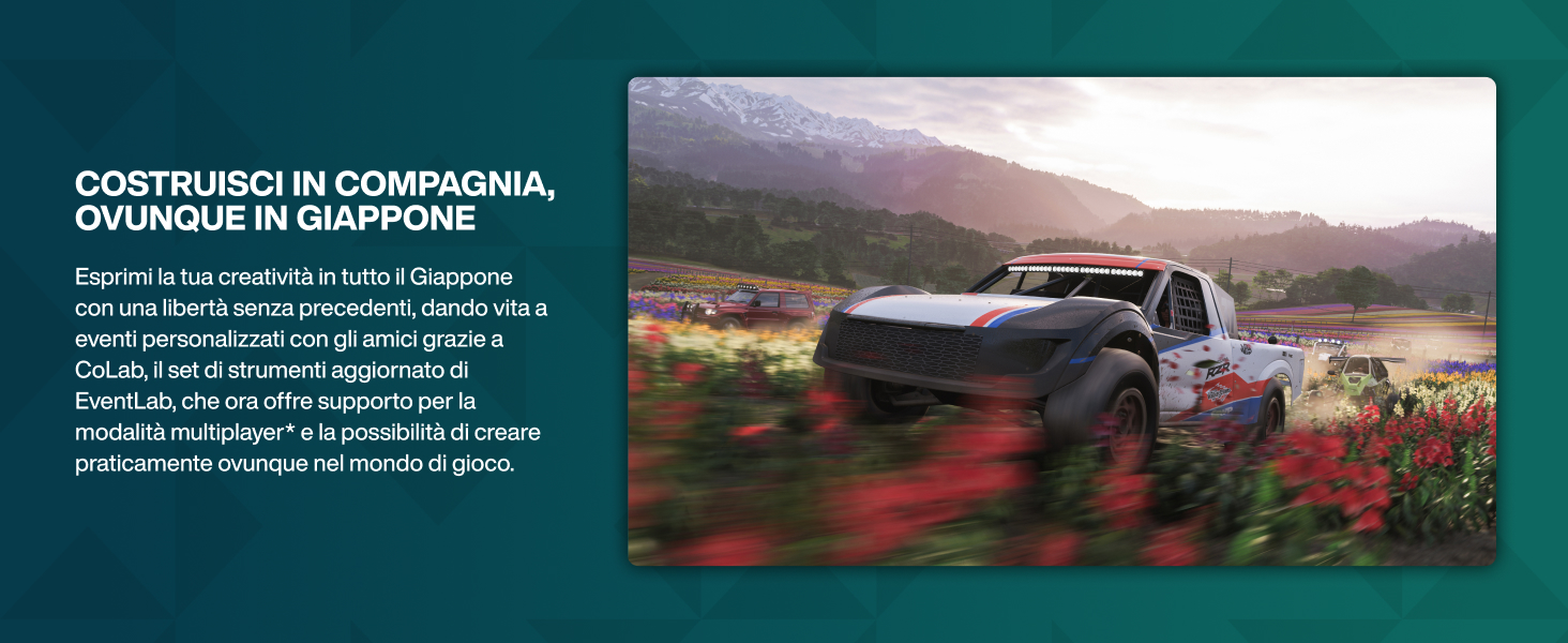 Banner di marketing che mostra un paesaggio montano panoramico con strada, utilizzando sovrapposizione verde acqua scuro ed elementi di testo bianchi.