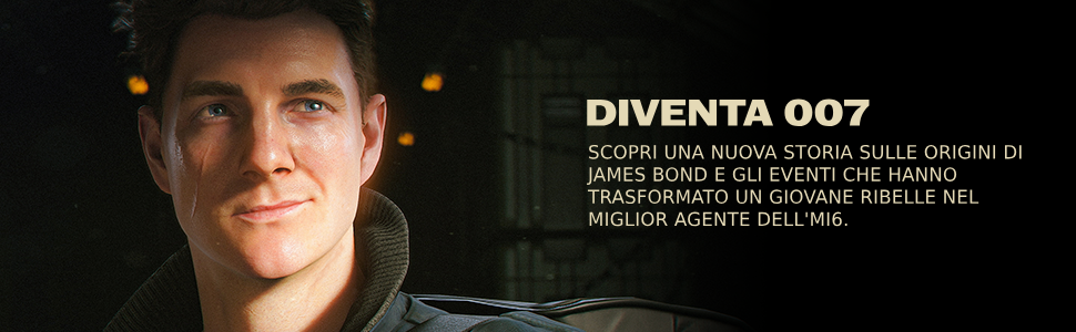 Il testo recita 'DIVENTA 007' e 'MIGLIOR AGENTE DELL'MI6'. Materiale promozionale cinematografico con illuminazione atmosferica scura.