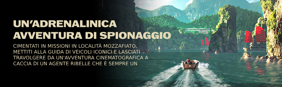 Il testo recita: 'UN' ADRENALINICA AVVENTURA DI SPIONAGGIO' e 'CACCIA DI UN AGENTE SEGRETO CHE &Egrave; SEMPRE UN'. Immagini promozionali di film o giochi con paesaggi tropicali.