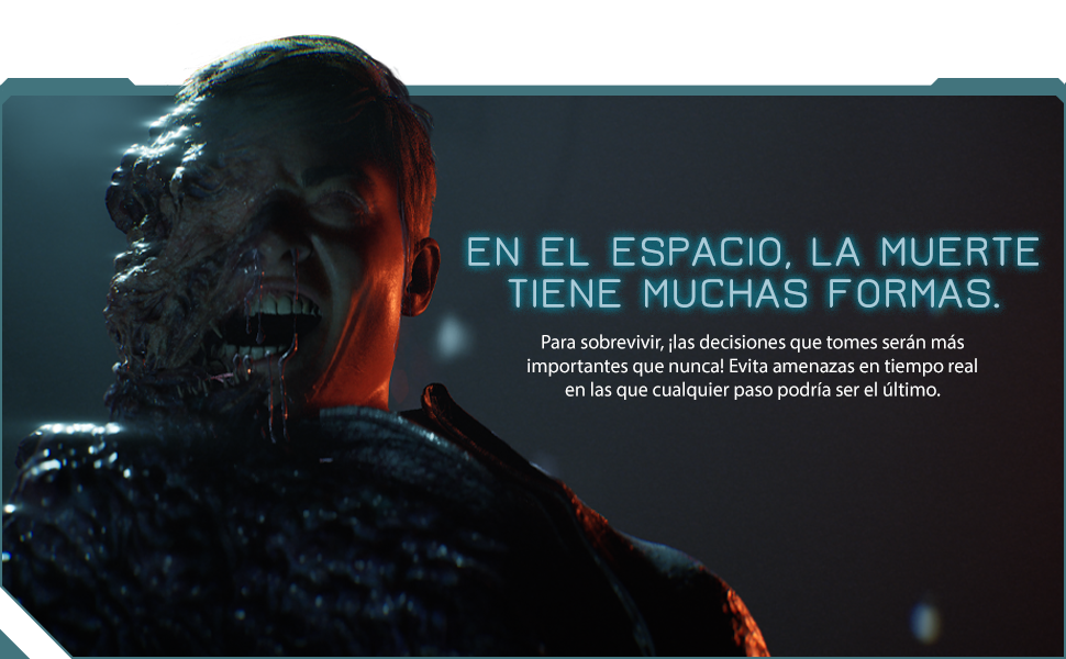 El texto dice &laquo;EN EL ESPACIO LA MUERTE TIENE MUCHAS FORMAS&raquo;. Dise&ntilde;o gr&aacute;fico oscuro y atmosf&eacute;rico de tem&aacute;tica espacial con siluetas de figuras sobre un fondo estrellado.