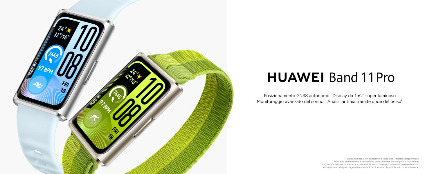 Il testo dice &laquo;HUAWEI Band 11 Pro&raquo;. L'immagine del prodotto mostra due cinturini per smartwatch nei colori bianco e verde neon su sfondo bianco.