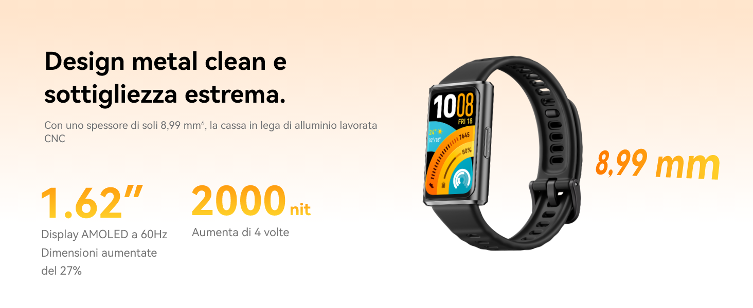 Il testo recita 'Design metal clean e sottigliezza estrema' e '1.62" 2000nit'. Cinturino fitness intelligente con display mostrato, spessore indicato in 8,99 mm.