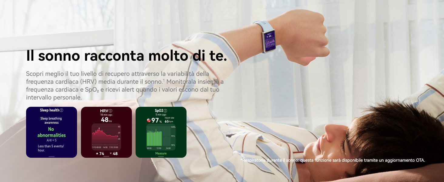 Il testo recita &laquo;Il sonno racconta molto di te&raquo;. Interfaccia di analisi o monitoraggio del sonno che mostra tre pannelli colorati in viola, bordeaux e verde con visualizzazione dei dati.