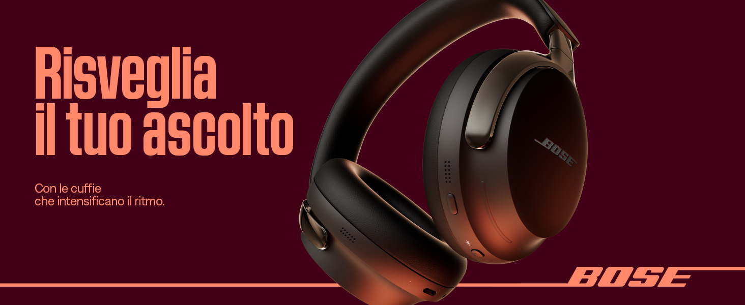 Il testo recita &laquo;Bose&raquo; e il testo italiano &laquo;Bisveglia&raquo; e &laquo;il tuo ascolto&raquo;. Dispositivo audio nero mostrato su sfondo rosso illuminato.