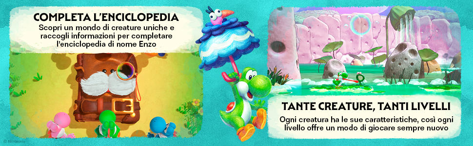 Il testo recita 'COMPLETA L'ENCICLOPEDIA', 'TAHTE CREATURE, TANTI LIVELLI', 'Ogni creatura ha la sua caratteristica, una riga colore fila al gioco sempre semplice'. Pagine di enciclopedia illustrate a colori che mostrano creature dei cartoni animati e contenuti didattici in italiano.