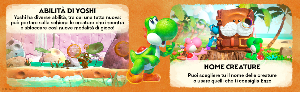 Il testo recita &laquo;ABILITA DI YOSHI&raquo; e &laquo;HOME CREATURE&raquo;. Banner arancione con carattere illustrato e testo descrittivo del prodotto in italiano con immagini di sfondo tropicale.