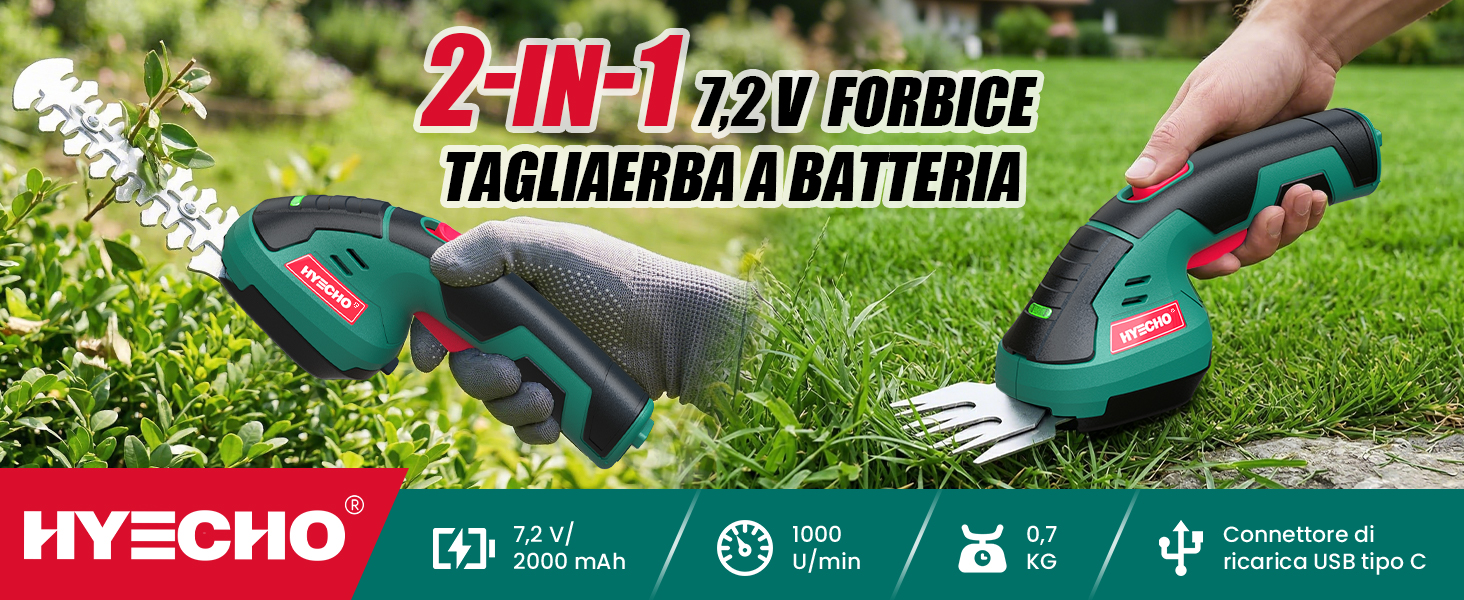 Il testo recita &laquo;2-IN-1 12V FORBICE TAGLIASIEPI A BATTERIA HYSCHO&raquo;. Immagini del prodotto che mostrano il tagliasiepi a batteria utilizzato su erba e cespugli.