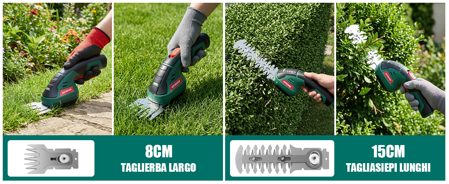 Sequenza a quattro pannelli che mostra l'attrezzo da giardino in uso per varie attivit&agrave; di potatura. Meccanismo di fissaggio in metallo visibile nella fascia inferiore.