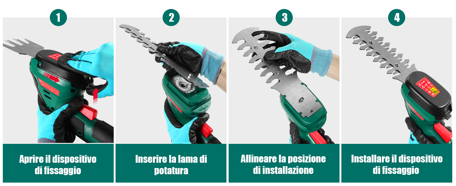Diagramma di istruzioni passo-passo che mostra 4 passaggi numerati per l'utilizzo di un accessorio per elettroutensili. Le immagini illustrano le corrette procedure di gestione e manutenzione degli utensili nella combinazione di colori turchese e bianco.