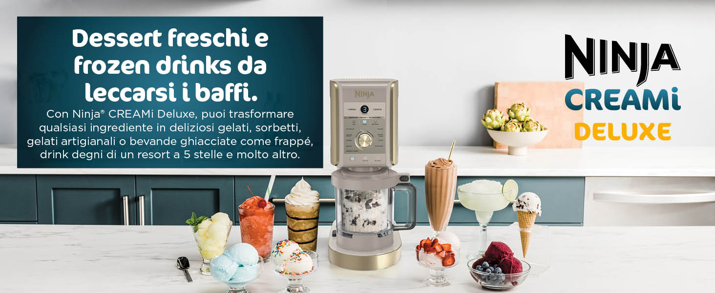 Il testo recita: 'Dessert freschie frozen drinks da leccare tutti' e 'NINJA CREAMI'. Il display del prodotto mostra una gelatiera con vari ingredienti e contenitori per dolcetti surgelati.