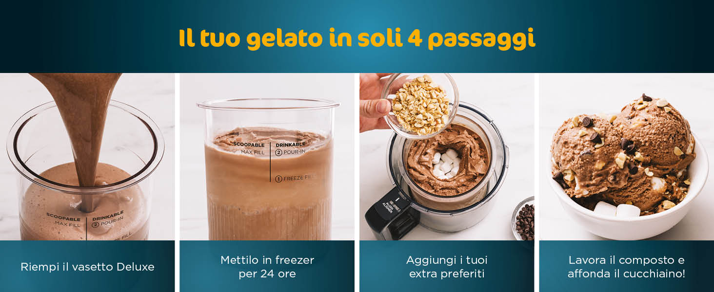 Il testo recita &laquo;Il tuo gelato in soli 4 passaggi&raquo;. Immagine a quattro pannelli che mostra le fasi della preparazione del gelato: versamento del cioccolato, pezzi di biscotto, latte art e dessert ricoperto di biscotti.
