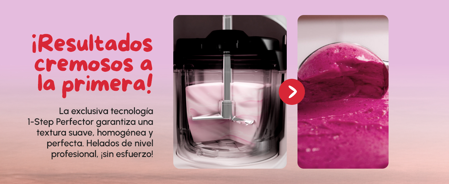 El texto dice &laquo;&iexcl;Resultados cremosos a la primera!&raquo; Imagen del producto en tonos rosados que muestra el envase de un producto cosm&eacute;tico o de belleza con una sustancia de color rosa intenso.