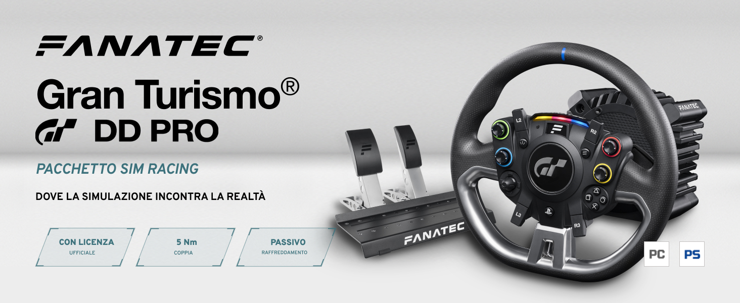 Il testo recita &laquo;FANATEC&raquo; e &laquo;Gran Turismo&raquo;. Configurazione del volante da gioco con passo, pedali e componenti del cambio neri su sfondo bianco.