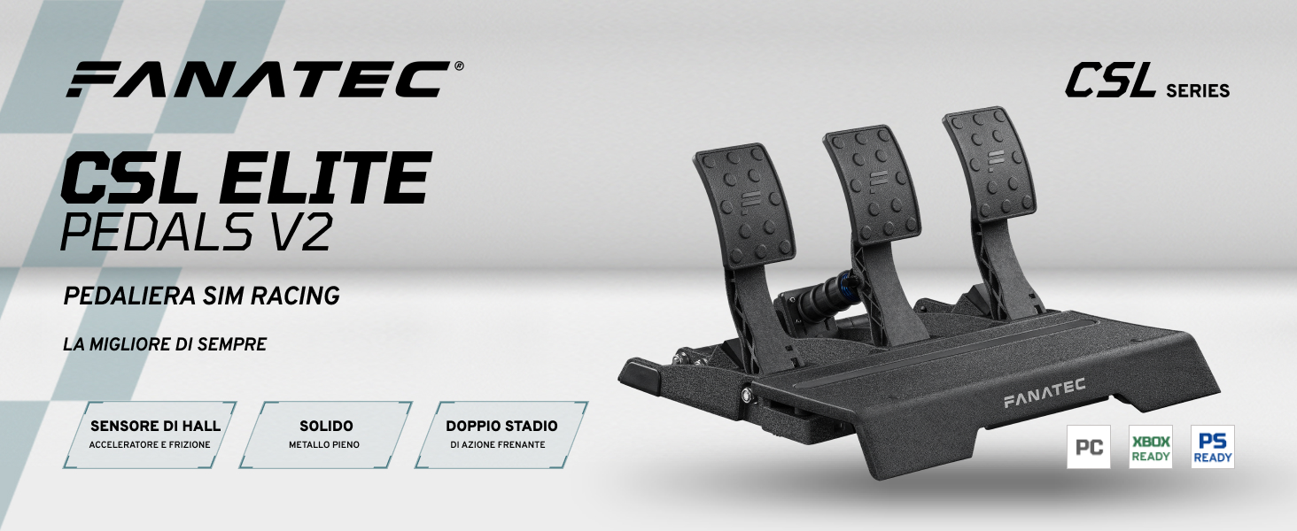 Il testo dice &laquo;FANATEC CSL ELITE PEDALS V2". Immagine del prodotto del set di pedali da gioco che mostra tre pedali in metallo montati su una base nera con specifiche tecniche.